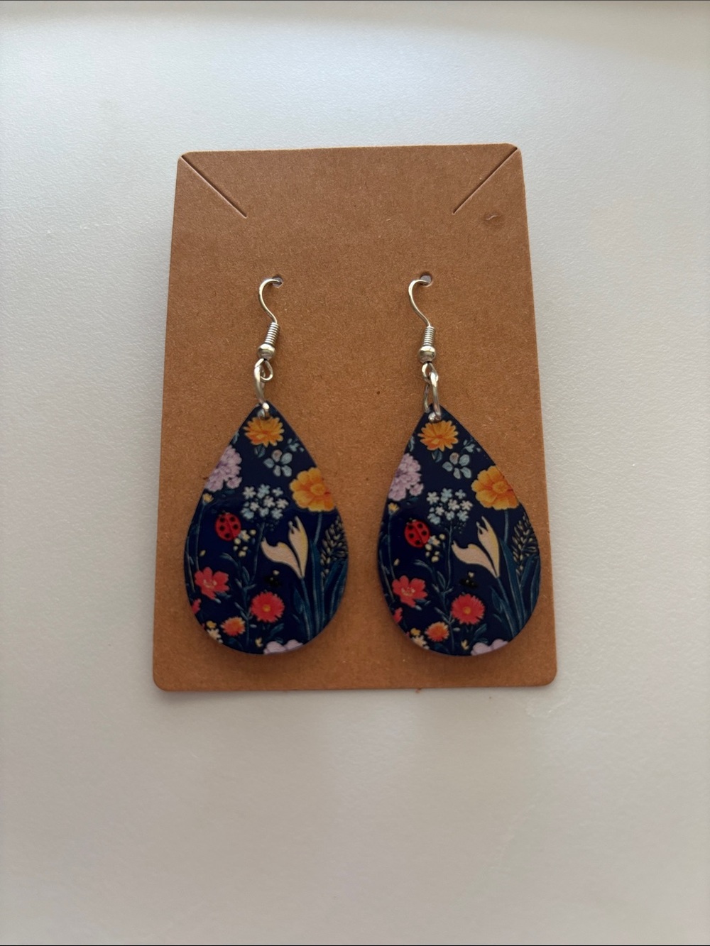Fashion Jewelry Navy Floral Teardrop Earrings with Yellow & Pink Accents